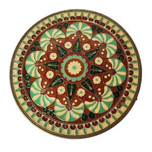 Vintage Moroccan Brass Inlaid Enamel Etched Decorative Wall Plate Mid Century